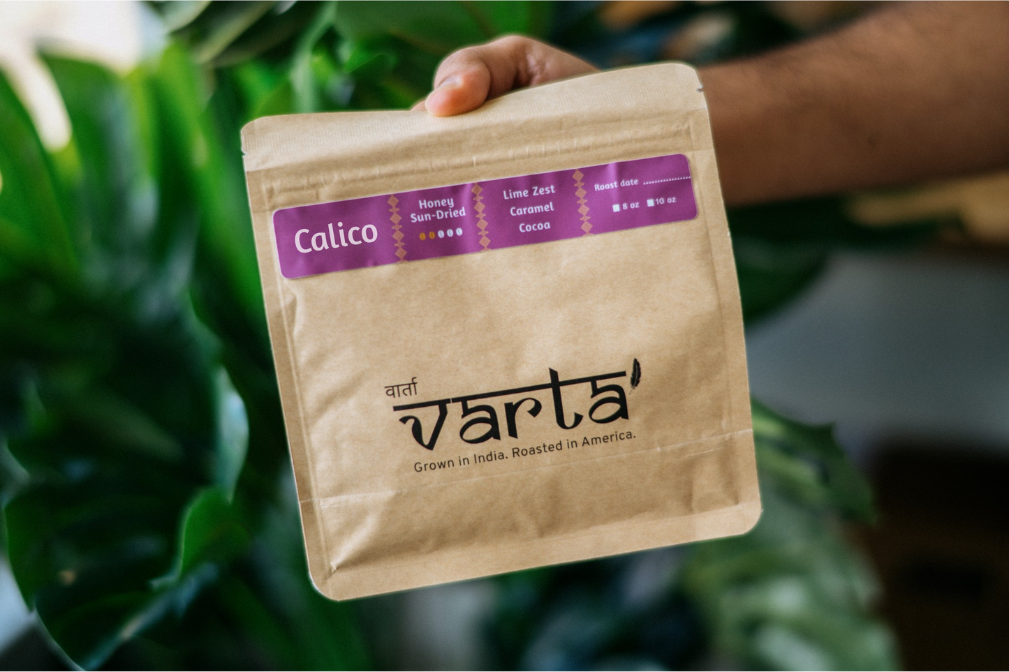 Person holding a Varta coffee package with greenery in the background